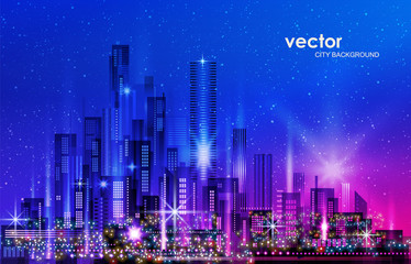City Skyline Night cityscape with illuminated buildings and road, illustration with architecture, skyscrapers, megapolis, buildings, downtown.