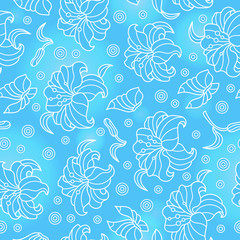 Fototapeta na wymiar Seamless pattern with lilies and butterflies, white contoured flowers and butterflies on blue background