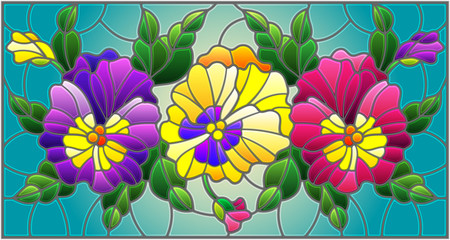 Illustration in stained glass style with flowers, buds , leaves and flowers of pansy