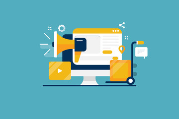 Ecommerce marketing, shopping cart, online store with marketing elements and desktop, online shopping, flat design concept. Web banner template.