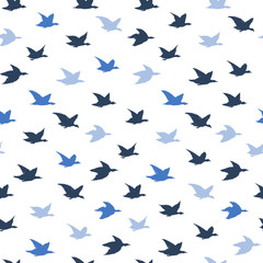 Blue Crane Birds Japanese Seamless Pattern with Simple Birds Silhouettes for pillows print design, wallpapers, backdrops or fabric textile. Flying elegant swallows, white blackground