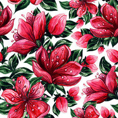 Japanese cherry or red sakura. Pink floral drawings. Seamless Watercolor Pattern for fabric textile design or wallpapers
