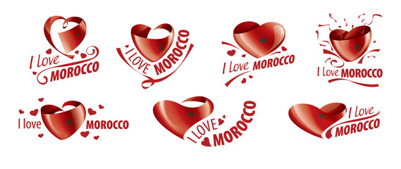 National flag of the Morocco in the shape of a heart and the inscription I love Morocco. Vector illustration