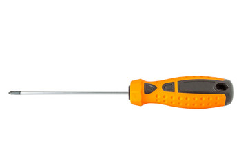 A crosshead screwdriver with a plastic black-orange handle close-up on a white background.