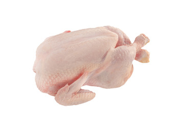 Whole carcass of raw chicken close-up on a white background.