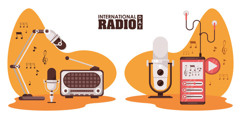 international radio day poster with retro aparatus and microphones