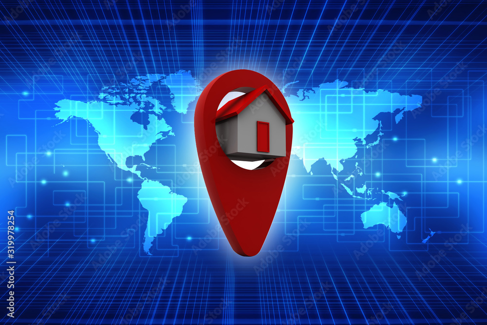 Poster 3d illustration search for property.a map with large red gps pointer containing