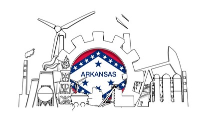 Energy and power industrial concept. Gear with flag of the Arkansas. Energy generation and heavy industry. 3D rendering. Thin line style