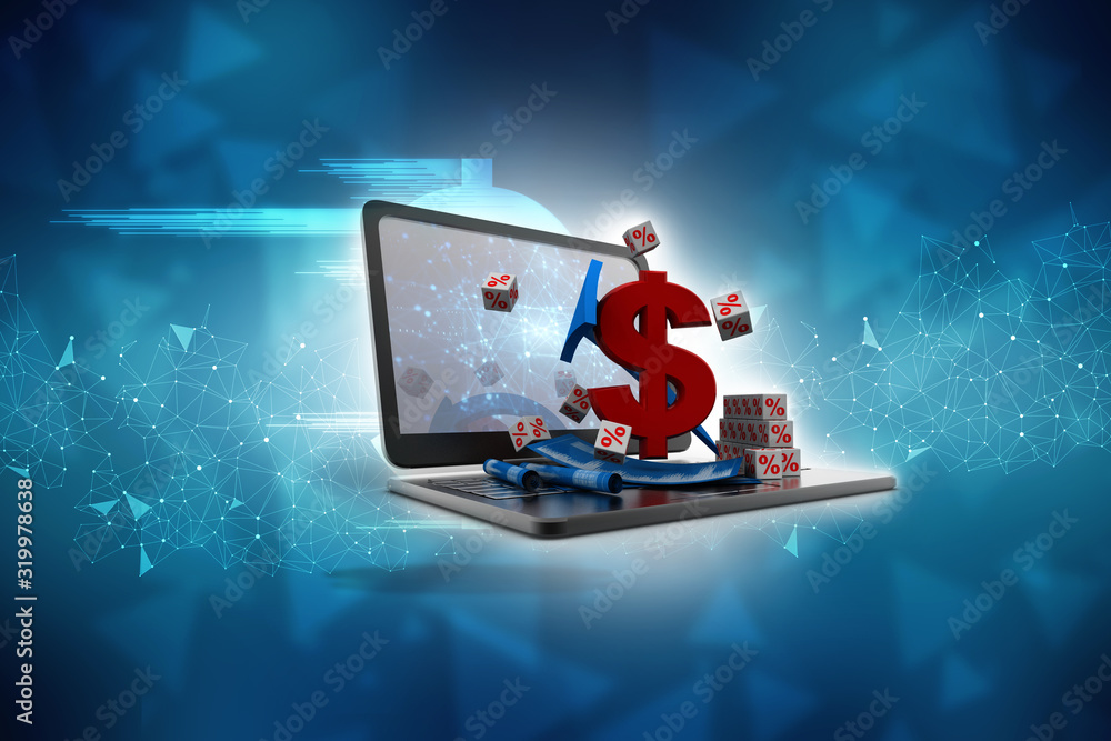 Poster 3d rendering dollar symbol with graph in laptop