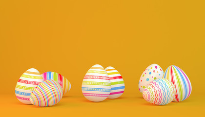 3d Illustation - Frohe Ostern - 8 farbenfrohe, bemalte Ostereier auf orangen Hintergrund - Textfreiraum - Oster