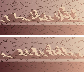 Set of horizontal banners with a flock of birds at sunset.