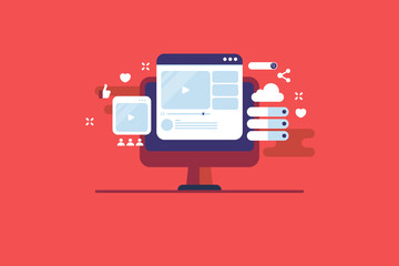 Social media marketing and advertising campaign, online audience engagement, digital branding and business strategy, flat design concept with red background. Web banner template.