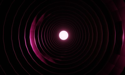 3d render of dark black tunnel made of circles leading to a bright pink glowing light which shines against the spirals