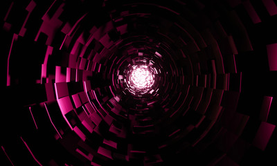 3d render of dark black geometric tunnel with bright pink light shining against layers