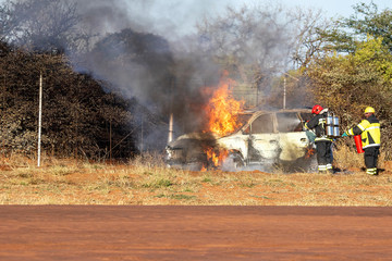 Fototapeta premium firefighters extinguishing car