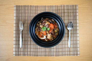 Traditional and local red soup noodle in the northern of Thailand called 