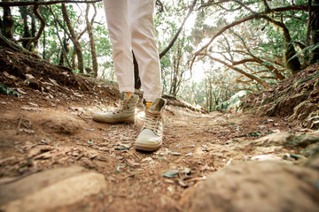 Obraz premium Woman hiking on the forest footpath, close-up view on women's legs in trekking shoes on the dirt road