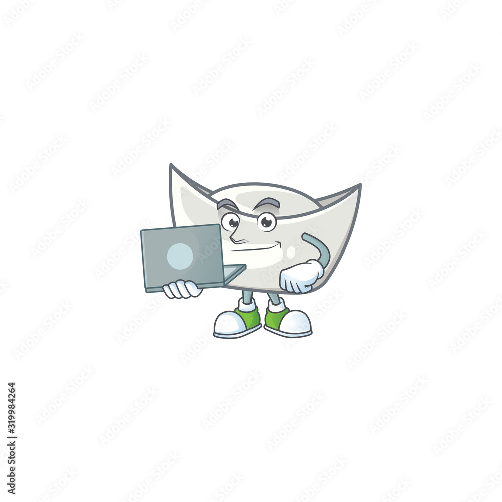 Sticker A clever chinese silver ingot mascot character working with laptop