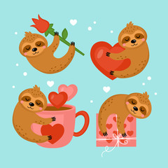 Cute sloth character set for Valentines day holiday. Vector illustration © girafchik