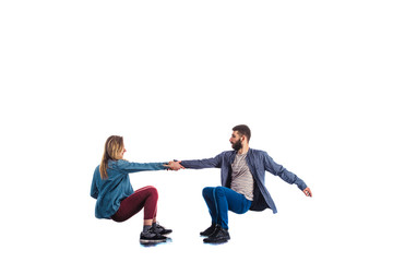 Cool male and female doing aerobic