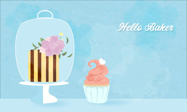 sweet cupcake and cake put in the glass standing.blue background watercolour for bakery product.flowers decorate on chocolate.white heart put on cream muffin.picture for dessert lover and cute food.