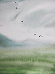 watercolor nature and landscape and bird and hill 