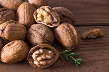 group of nuts on wooden background