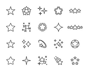 Vector set of star line icons. Contains icons of five stars, sparkle, twinkle, rating, falling star, starry night and more. Pixel perfect.