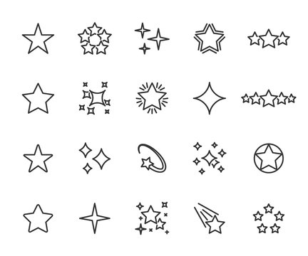Vector set of star line icons. Contains icons of five stars, sparkle, twinkle, rating, falling star, starry night and more. Pixel perfect.