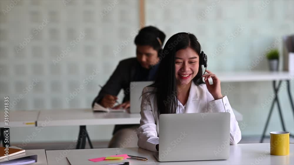 Poster assistant call centre team working operator with headsets.