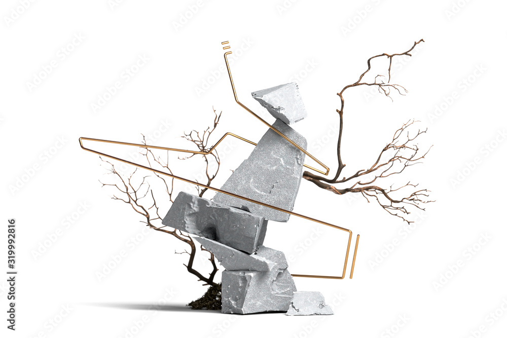 Poster modern showcase as abstract geometric figures made from stone and branches on background. 3d renderi