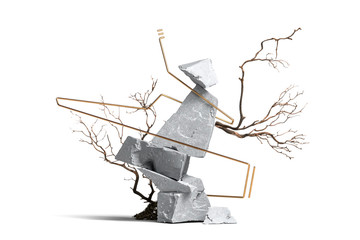 Modern Showcase As Abstract Geometric Figures Made From Stone And Branches On background. 3d rendering.