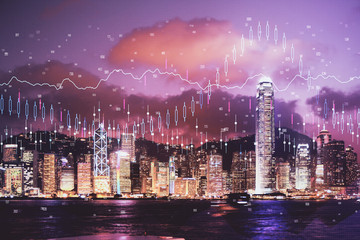 Obraz premium Double exposure of forex chart drawings over cityscape background. Concept of success.