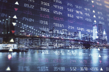 Fototapeta premium Financial chart on city scape with tall buildings background multi exposure. Analysis concept.