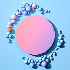 Round Pink Blank Banner Near Multicolored Pastel Bubbles Isolated On Light Blue Background. 3d Rendering.