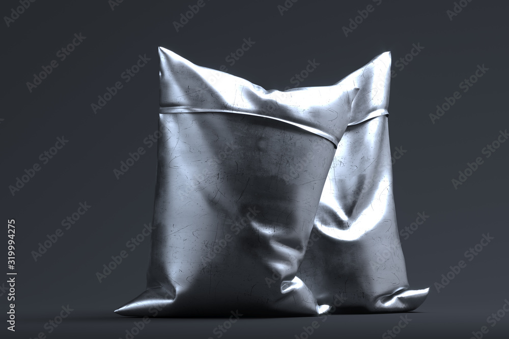 Poster silver foil realistic packet on gray background. copy space. empty space. 3d rendering