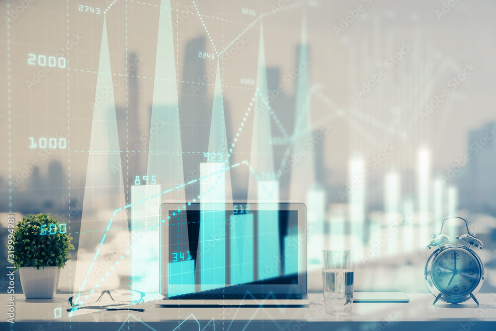 Poster Forex graph hologram on table with computer background. Multi exposure. Concept of financial markets.