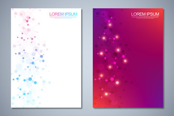 Fototapeta premium Vector template brochures or cover design, book, flyer, with molecules background and neural network. Abstract geometric background of connected lines and dots. Science and technology concept.