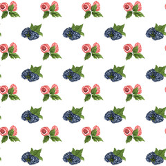 watercolor illustration. hand painted. raspberry and blackberry seamless pattern on a white background.