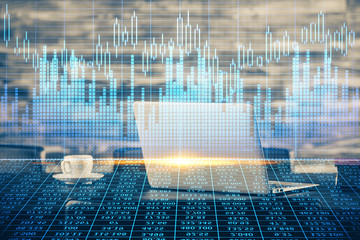 Multi exposure of forex graph and work space with computer. Concept of international online trading.