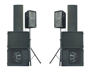 Old industrial powerful stage sound speakers isolated over white