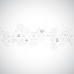 Abstract medical background with flat icons and symbols. Template design with concept and idea for healthcare technology, innovation medicine, health, science and research.