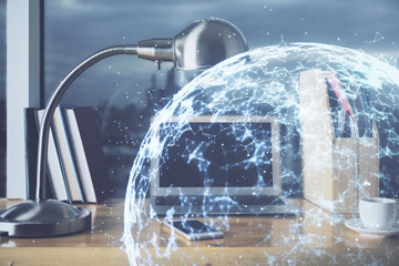 Computer on desktop with social network theme icon. Multi exposure. Concept of international...