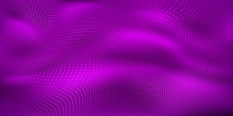 Abstract halftone background with wavy surface made of dots in purple colors