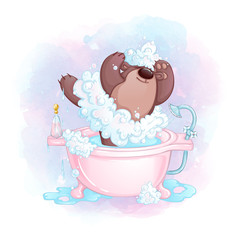 Teddy bear girl ballerina with clothes from soapy foam in the bath. Fun bathing baby. Vector cartoon character and watercolor background.