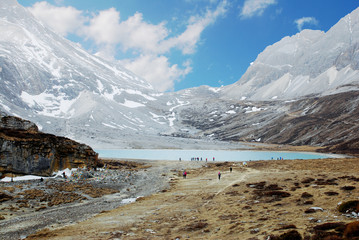 Nature scene trekking of landscape Milk Lake yading at Yading national reserve.It is Beautiful lake color like a milk blue . Daocheng County , Sichuan Province , China - Blue nature backdrop Travel 