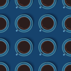 Coffee cup seamless pattern. Realistic cups of espresso in top view in classic blue colour. Creative flat lay for lifestyle concept.  Vector illustration.