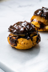 French Dessert Chocolate Eclair with Cream Filled Close Up Macro View