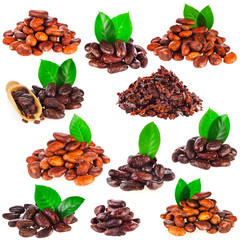 Collection of cacao beans with green leaves isolated on a white background.