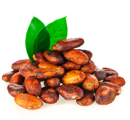 Heap of cacao beans with green leaves isolated on a white background.